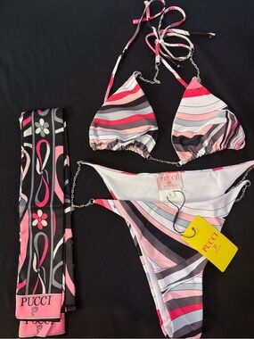 Pucci fashion inspired Striped Pink & Black Triangle Bikini Set